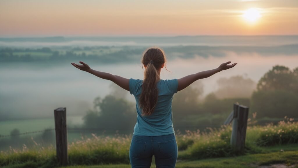 Transform Your Life: 7 Powerful Reasons to Work With a Life Coach in Joliet 1 Woman standing on a hill at sunrise, arms outstretched, symbolizing empowerment and new beginnings in life coaching.
