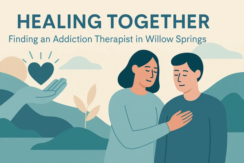Healing Together: Finding an Addiction Therapist in Willow Springs 1 Landscape digital illustration with soft calming tones representing addiction therapy in Willow Springs, symbolizing hope, healing, and guidance.