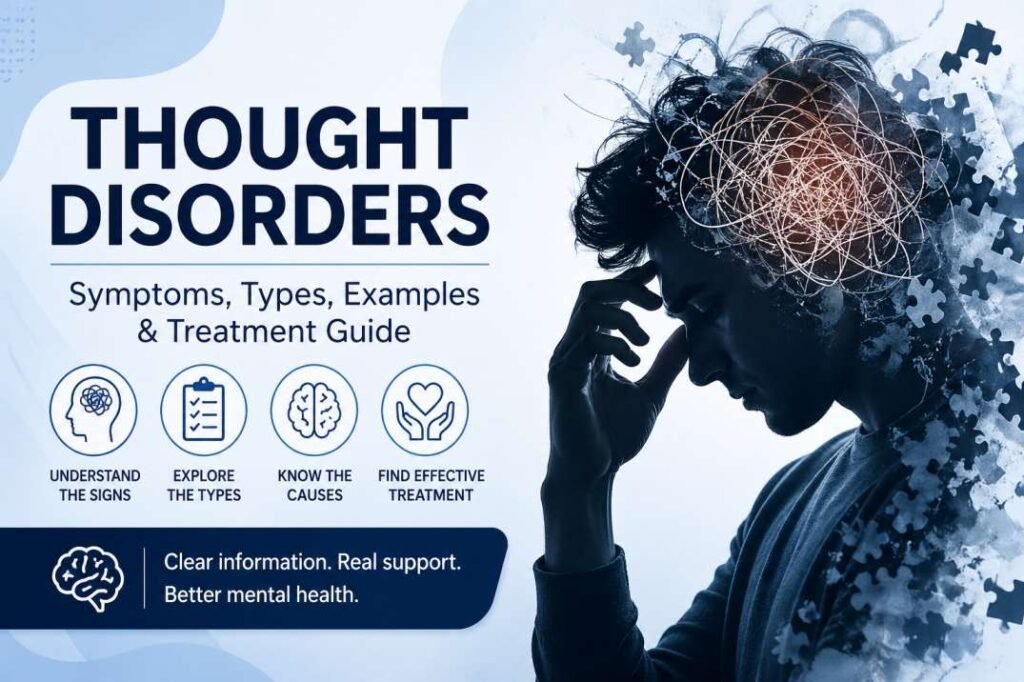A thought disorder is a mental health condition where your ideas become disorganized, illogical, or difficult to express clearly. It affects how you connect and communicate ideas, often appearing in conditions like schizophrenia, bipolar disorder, or severe depression. What Is a Thought Disorder? A thought disorder disrupts the structure of your ideas. Your brain still produces content, but it cannot organize it in a clear and logical way. This shows up most clearly in speech. You may jump between topics, lose your train of thought, or speak in ways that others cannot follow. Clinicians assess this by listening carefully to how you speak and how your ideas connect. It reflects a disruption in thought organization, not intelligence. Also Read: Best Healing Frequencies – A Complete Guide Thought Disorder vs Overthinking You need to distinguish this from overthinking. Overthinking involves repetitive, excessive focus on the same ideas. Your thinking remains logical and understandable. A thought disorder disrupts logic itself. Ideas may not connect, and your speech may sound fragmented or incoherent. This difference matters because the causes and treatments are entirely different. Also Read: Best Frequency for Brain Healing Types of Thought Disorders Experts classify thought disorders into two main categories. Positive Formal Thought Disorder This involves added distortion or excess in thinking. Ideas move too quickly or connect in unusual ways. You may shift topics rapidly or speak with pressure. Negative Formal Thought Disorder This involves reduced thinking ability. Ideas become limited or slow. You may struggle to form complete sentences or speak very little. Common Examples of Thought Disorders Real patterns make these disorders easier to recognize. Derailment: You shift from one topic to another without a clear connection. Word salad: Speech becomes completely disorganized and lacks meaning. Neologisms: You create new words that others cannot understand. Clanging: Words are chosen based on sound rather than meaning, often involving rhyming. Thought blocking: Your speech suddenly stops because the idea disappears mid-sentence. These patterns occur consistently and interfere with normal communication. Symptoms of Thought Disorders Symptoms often develop gradually, then become more severe. Early Signs Difficulty concentrating Mild confusion Trouble organizing ideas Advanced Symptoms Disorganized or incoherent speech Delusions, which are fixed false beliefs Hallucinations, involving perceptions that are not real Behavioral Changes Social withdrawal Difficulty managing daily tasks Emotional instability These symptoms affect both communication and overall functioning. Causes and Risk Factors Thought disorders usually result from underlying conditions or brain changes. Schizophrenia, which directly disrupts thought processing Bipolar disorder, especially during manic episodes Severe depression, which slows and distorts thinking Brain injury, affecting cognitive function Substance use, altering brain activity Genetic vulnerability and prolonged stress How Thought Disorders Are Diagnosed Diagnosis relies on clinical observation. A mental health professional evaluates how you speak and how your ideas connect. They use structured interviews and may apply tools like the Thought Disorder Index to measure disturbances. Diagnosis requires consistent patterns over time rather than a single test result. Treatment Options for Thought Disorders Treatment focuses on improving thought clarity and addressing the underlying condition. Medication: Antipsychotics help stabilize brain activity and reduce disorganized thinking Psychotherapy: Cognitive behavioral therapy helps you organize ideas and improve communication Psychosocial support: Builds daily functioning, routines, and social skills Family and group therapy: Improves support systems and reduces isolation Combining these approaches produces the most stable outcomes. When to Seek Help You should seek professional help if your speech becomes consistently disorganized or difficult for others to understand. Warning signs include: Persistent confusion Sudden changes in communication Withdrawal from daily life Delusions or hallucinations These symptoms indicate the need for evaluation and treatment. Living With a Thought Disorder You can manage daily life by creating structure and maintaining support. Follow consistent routines Reduce stress where possible Stay connected with supportive people Continue regular therapy Awareness of your patterns helps you respond early and maintain stability. Conclusion Thought disorders affect how your ideas are formed, connected, and expressed. They often signal underlying mental health conditions that require proper care. With accurate diagnosis and consistent treatment, you can improve clarity, regain stability, and function effectively in daily life. If you are noticing these symptoms in yourself or someone close to you, getting professional support early can make a clear difference. PS IT’s Counseling provides structured, evidence-based mental health support to help you understand your condition, improve communication, and regain control over daily life.